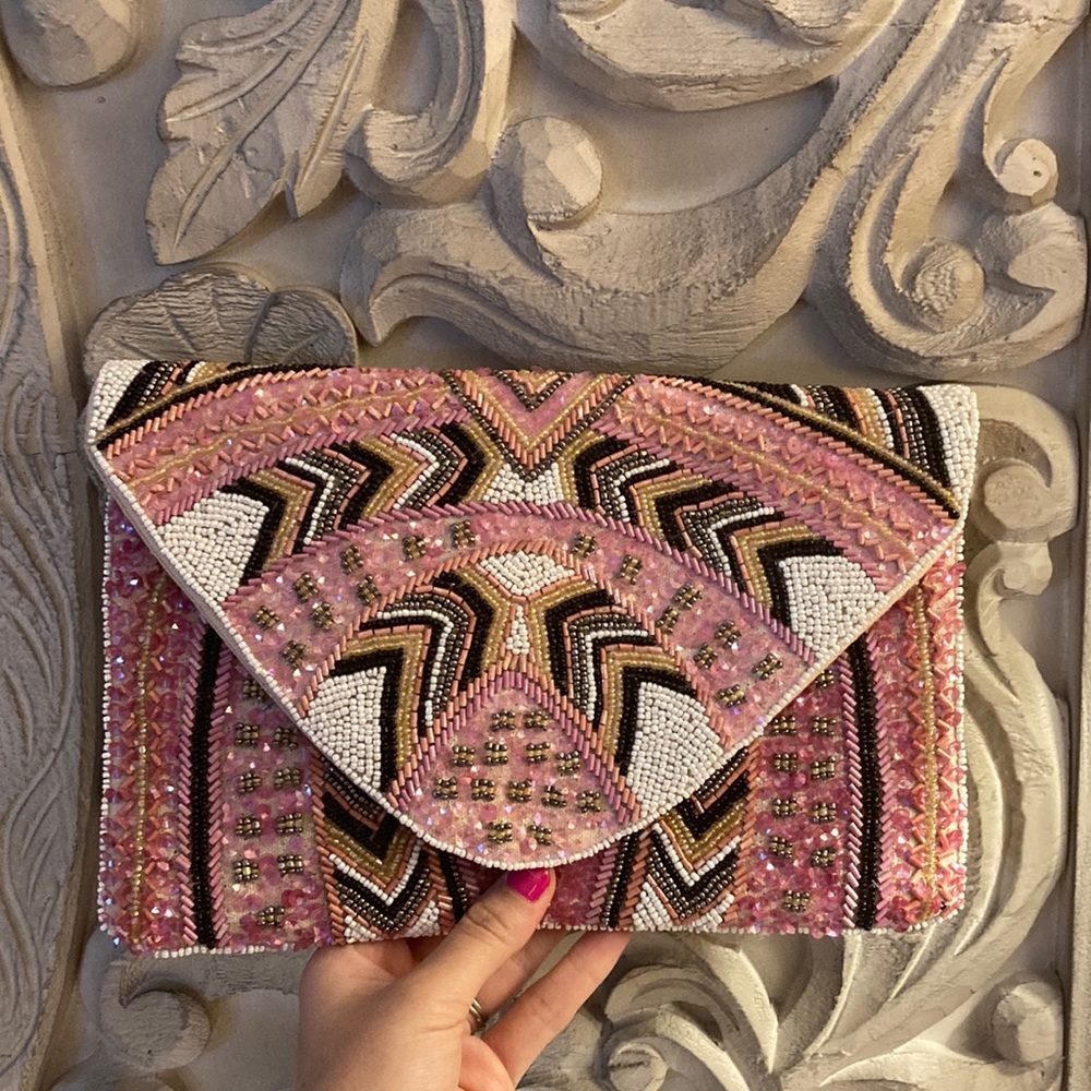 Pink white gold black silver envelope clutch with gold crossbody chain strap